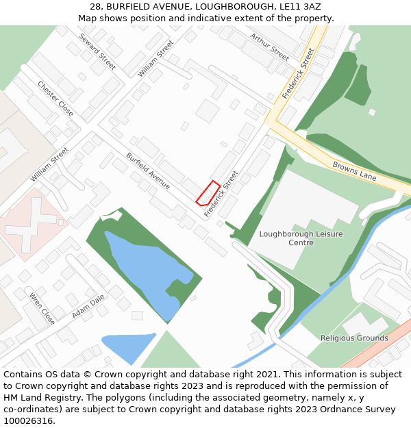 28, BURFIELD AVENUE, LOUGHBOROUGH, LE11 3AZ: Location map and indicative extent of plot