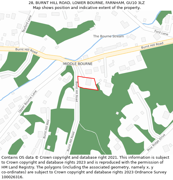 28, BURNT HILL ROAD, LOWER BOURNE, FARNHAM, GU10 3LZ: Location map and indicative extent of plot