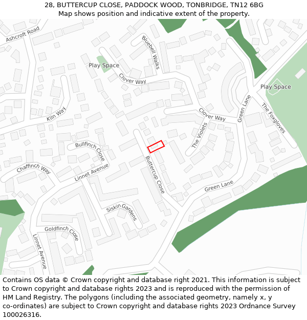 28, BUTTERCUP CLOSE, PADDOCK WOOD, TONBRIDGE, TN12 6BG: Location map and indicative extent of plot