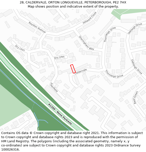 28, CALDERVALE, ORTON LONGUEVILLE, PETERBOROUGH, PE2 7HX: Location map and indicative extent of plot