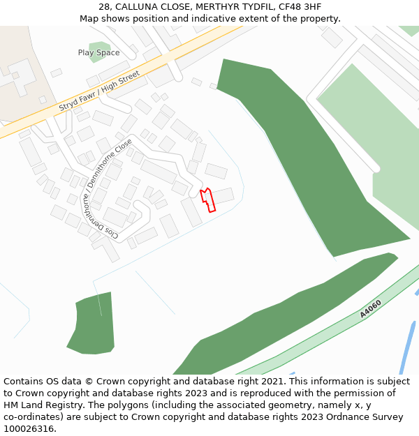 28, CALLUNA CLOSE, MERTHYR TYDFIL, CF48 3HF: Location map and indicative extent of plot