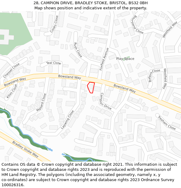 28, CAMPION DRIVE, BRADLEY STOKE, BRISTOL, BS32 0BH: Location map and indicative extent of plot