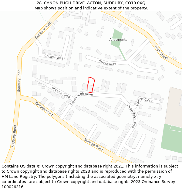 28, CANON PUGH DRIVE, ACTON, SUDBURY, CO10 0XQ: Location map and indicative extent of plot