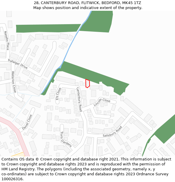 28, CANTERBURY ROAD, FLITWICK, BEDFORD, MK45 1TZ: Location map and indicative extent of plot