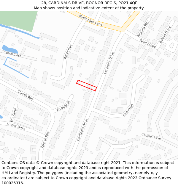 28, CARDINALS DRIVE, BOGNOR REGIS, PO21 4QF: Location map and indicative extent of plot