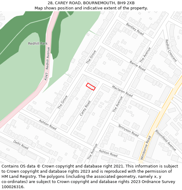 28, CAREY ROAD, BOURNEMOUTH, BH9 2XB: Location map and indicative extent of plot
