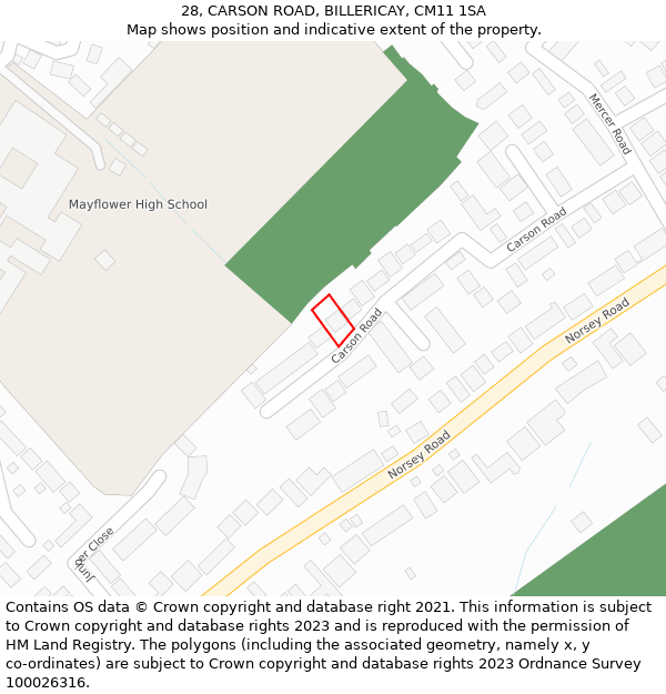 28, CARSON ROAD, BILLERICAY, CM11 1SA: Location map and indicative extent of plot