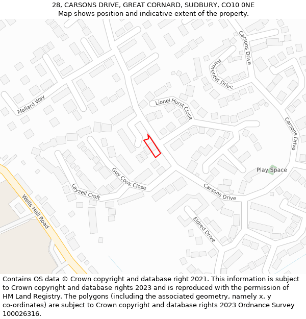 28, CARSONS DRIVE, GREAT CORNARD, SUDBURY, CO10 0NE: Location map and indicative extent of plot