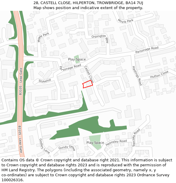 28, CASTELL CLOSE, HILPERTON, TROWBRIDGE, BA14 7UJ: Location map and indicative extent of plot