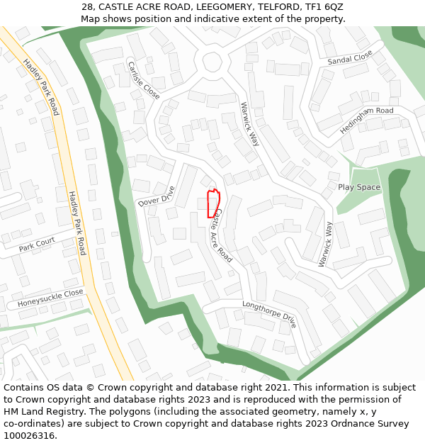 28, CASTLE ACRE ROAD, LEEGOMERY, TELFORD, TF1 6QZ: Location map and indicative extent of plot