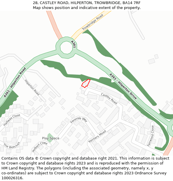 28, CASTLEY ROAD, HILPERTON, TROWBRIDGE, BA14 7RF: Location map and indicative extent of plot