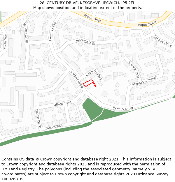 28, CENTURY DRIVE, KESGRAVE, IPSWICH, IP5 2EL: Location map and indicative extent of plot