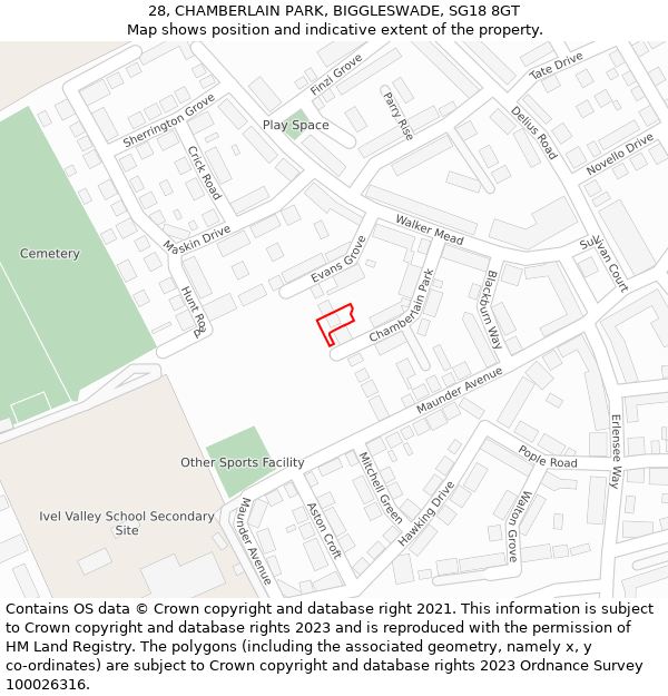 28, CHAMBERLAIN PARK, BIGGLESWADE, SG18 8GT: Location map and indicative extent of plot