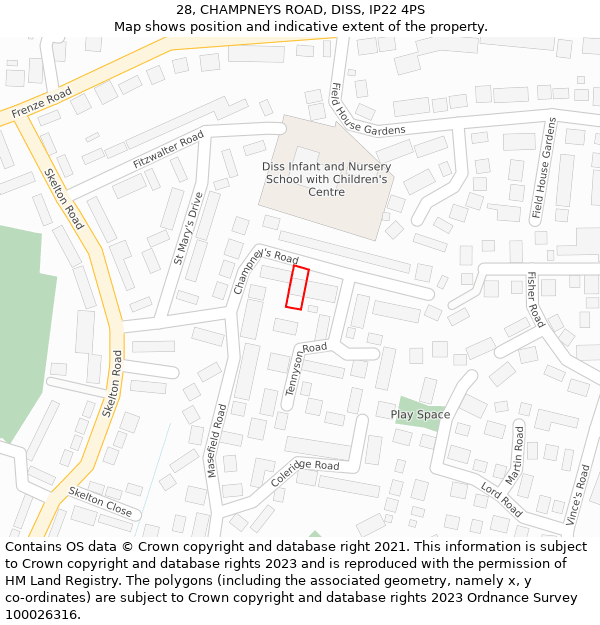 28, CHAMPNEYS ROAD, DISS, IP22 4PS: Location map and indicative extent of plot