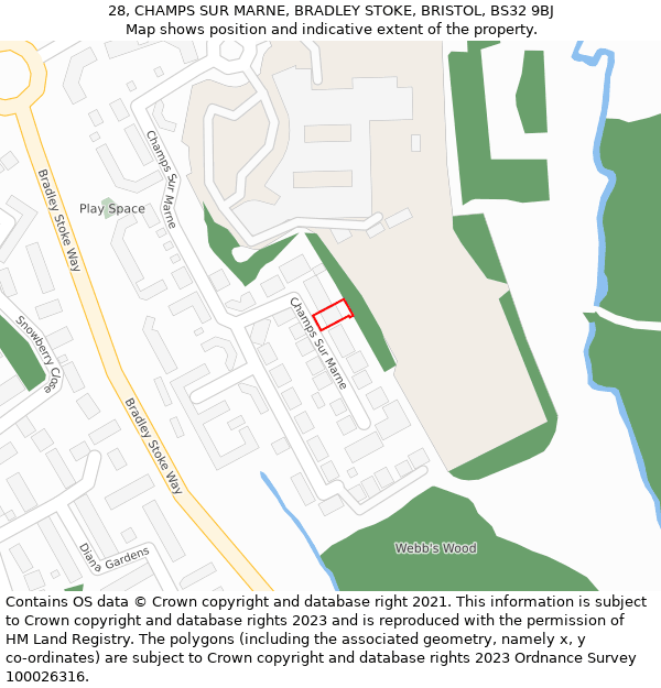 28, CHAMPS SUR MARNE, BRADLEY STOKE, BRISTOL, BS32 9BJ: Location map and indicative extent of plot