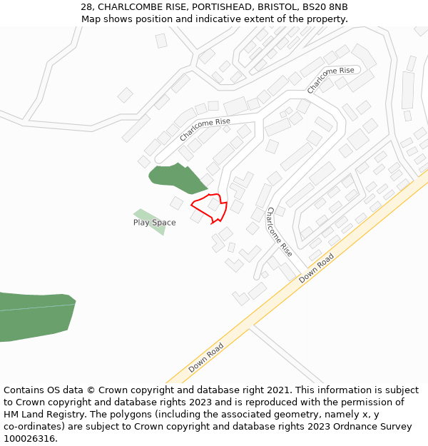 28, CHARLCOMBE RISE, PORTISHEAD, BRISTOL, BS20 8NB: Location map and indicative extent of plot