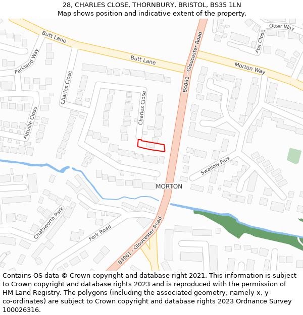 28, CHARLES CLOSE, THORNBURY, BRISTOL, BS35 1LN: Location map and indicative extent of plot