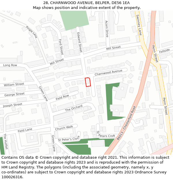 28, CHARNWOOD AVENUE, BELPER, DE56 1EA: Location map and indicative extent of plot