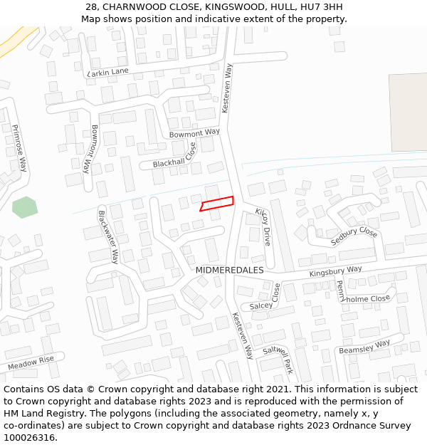 28, CHARNWOOD CLOSE, KINGSWOOD, HULL, HU7 3HH: Location map and indicative extent of plot