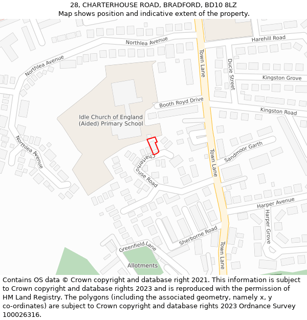 28, CHARTERHOUSE ROAD, BRADFORD, BD10 8LZ: Location map and indicative extent of plot