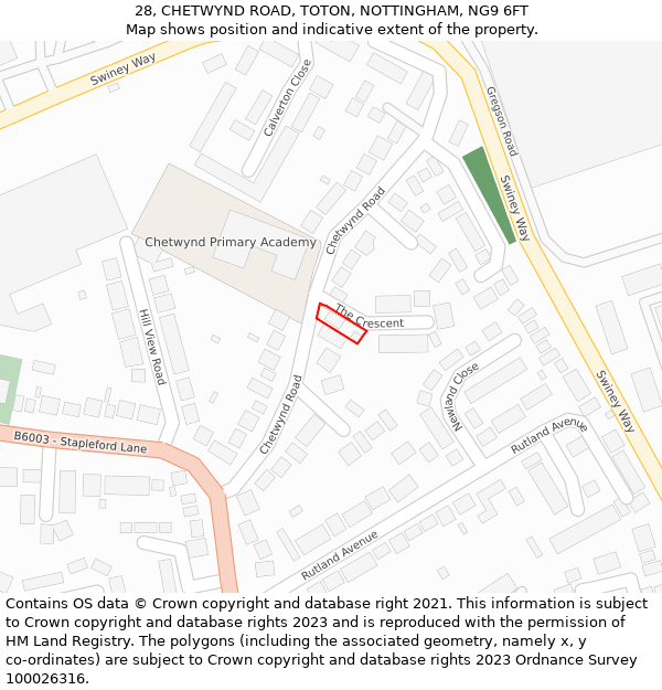 28, CHETWYND ROAD, TOTON, NOTTINGHAM, NG9 6FT: Location map and indicative extent of plot