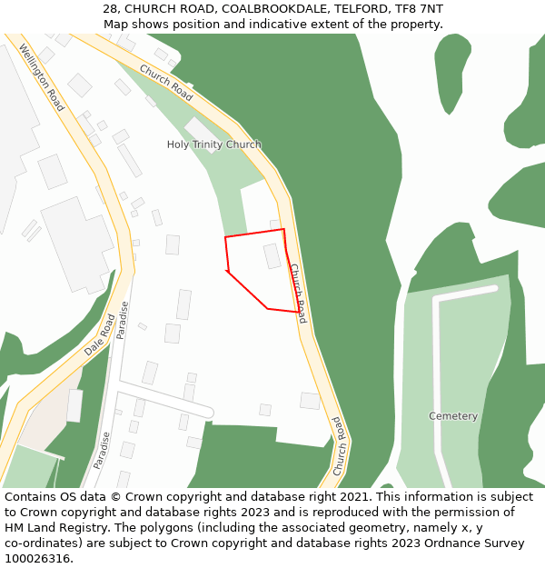 28, CHURCH ROAD, COALBROOKDALE, TELFORD, TF8 7NT: Location map and indicative extent of plot