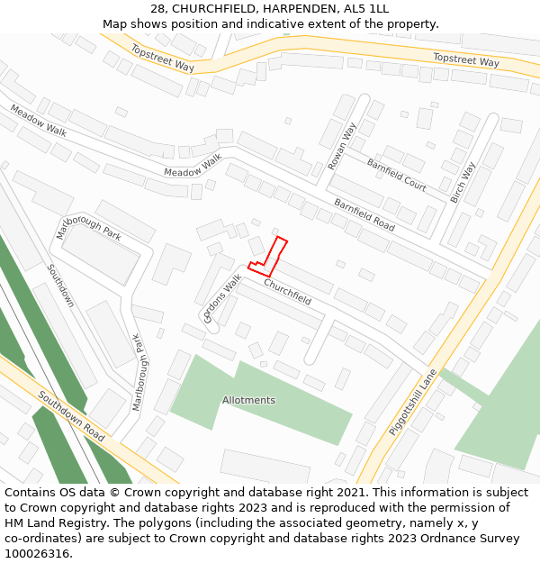 28, CHURCHFIELD, HARPENDEN, AL5 1LL: Location map and indicative extent of plot