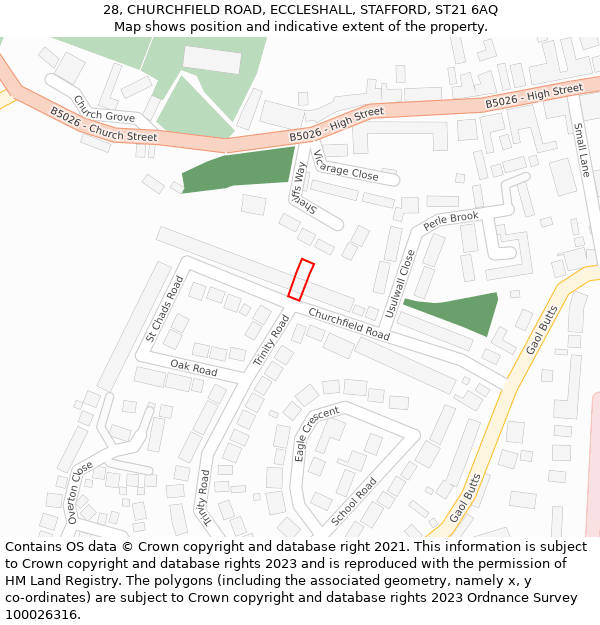 28, CHURCHFIELD ROAD, ECCLESHALL, STAFFORD, ST21 6AQ: Location map and indicative extent of plot