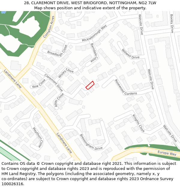 28, CLAREMONT DRIVE, WEST BRIDGFORD, NOTTINGHAM, NG2 7LW: Location map and indicative extent of plot