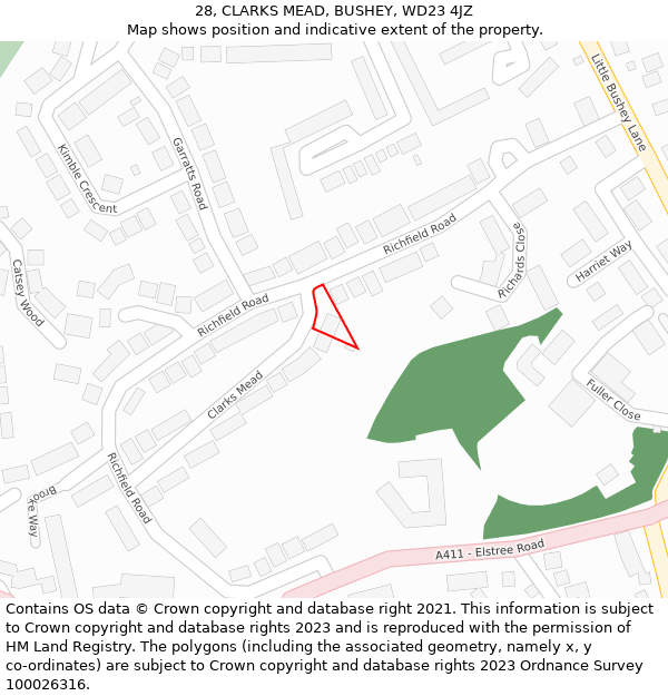 28, CLARKS MEAD, BUSHEY, WD23 4JZ: Location map and indicative extent of plot