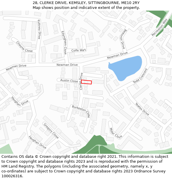 28, CLERKE DRIVE, KEMSLEY, SITTINGBOURNE, ME10 2RY: Location map and indicative extent of plot