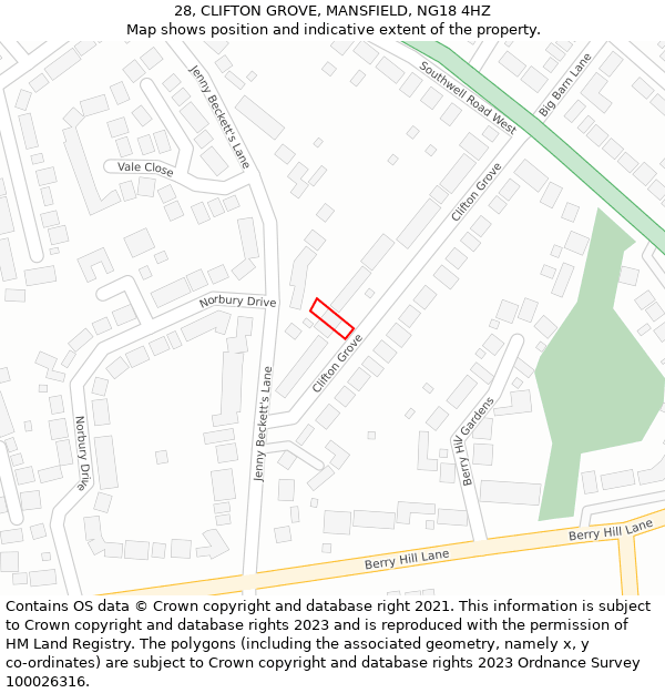 28, CLIFTON GROVE, MANSFIELD, NG18 4HZ: Location map and indicative extent of plot