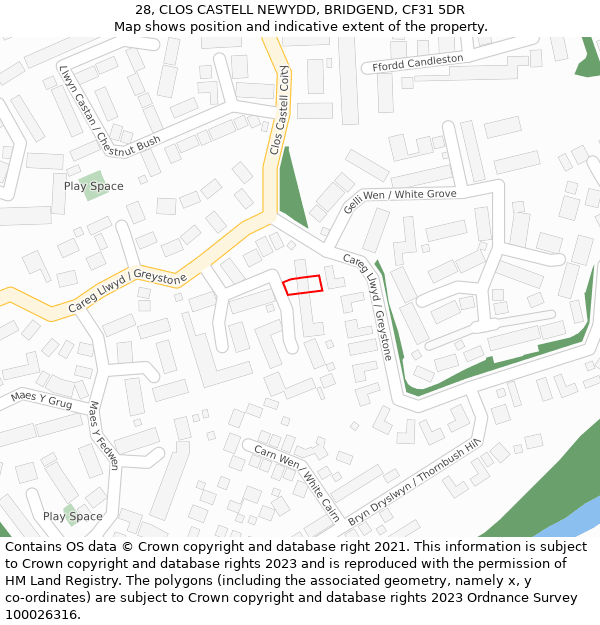 28, CLOS CASTELL NEWYDD, BRIDGEND, CF31 5DR: Location map and indicative extent of plot