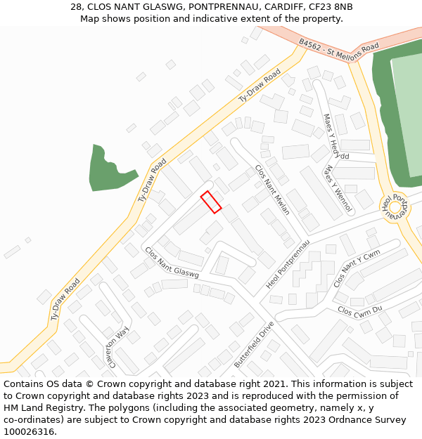 28, CLOS NANT GLASWG, PONTPRENNAU, CARDIFF, CF23 8NB: Location map and indicative extent of plot