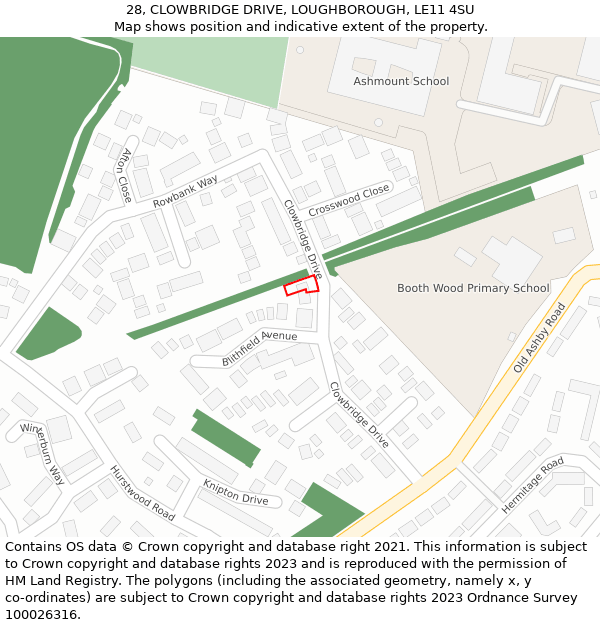 28, CLOWBRIDGE DRIVE, LOUGHBOROUGH, LE11 4SU: Location map and indicative extent of plot