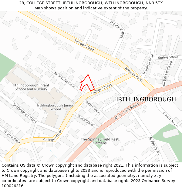 28, COLLEGE STREET, IRTHLINGBOROUGH, WELLINGBOROUGH, NN9 5TX: Location map and indicative extent of plot