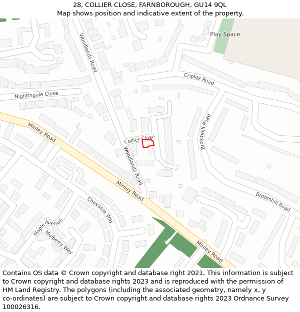 28, COLLIER CLOSE, FARNBOROUGH, GU14 9QL: Location map and indicative extent of plot