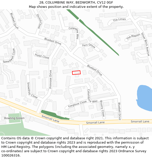 28, COLUMBINE WAY, BEDWORTH, CV12 0GF: Location map and indicative extent of plot