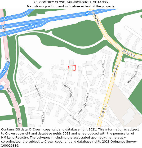 28, COMFREY CLOSE, FARNBOROUGH, GU14 9XX: Location map and indicative extent of plot