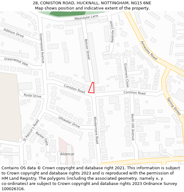 28, CONISTON ROAD, HUCKNALL, NOTTINGHAM, NG15 6NE: Location map and indicative extent of plot