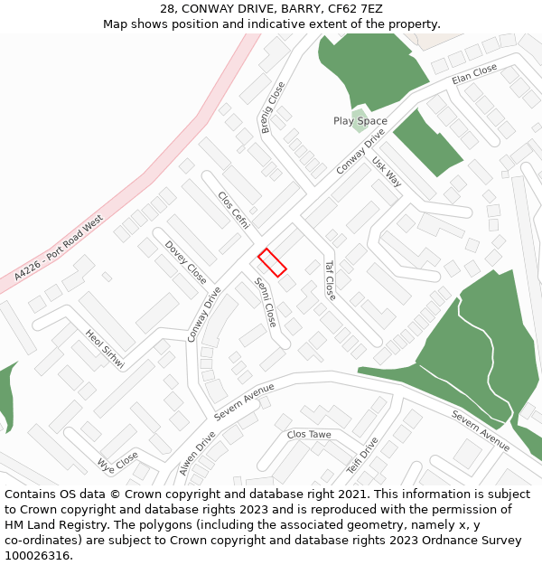 28, CONWAY DRIVE, BARRY, CF62 7EZ: Location map and indicative extent of plot