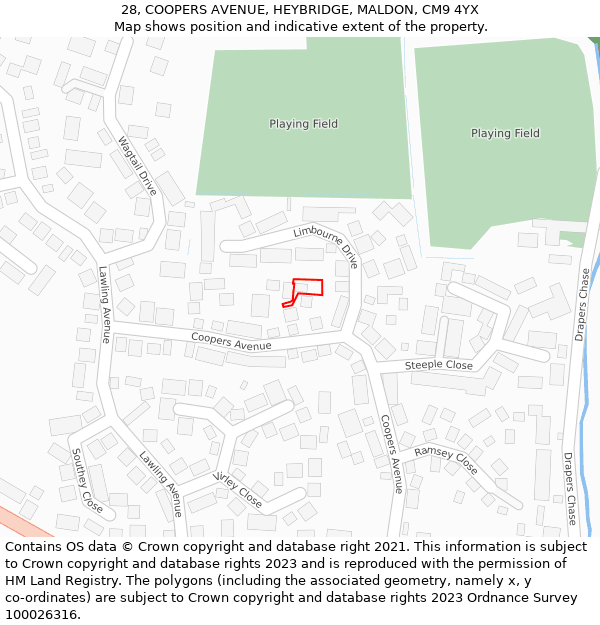 28, COOPERS AVENUE, HEYBRIDGE, MALDON, CM9 4YX: Location map and indicative extent of plot