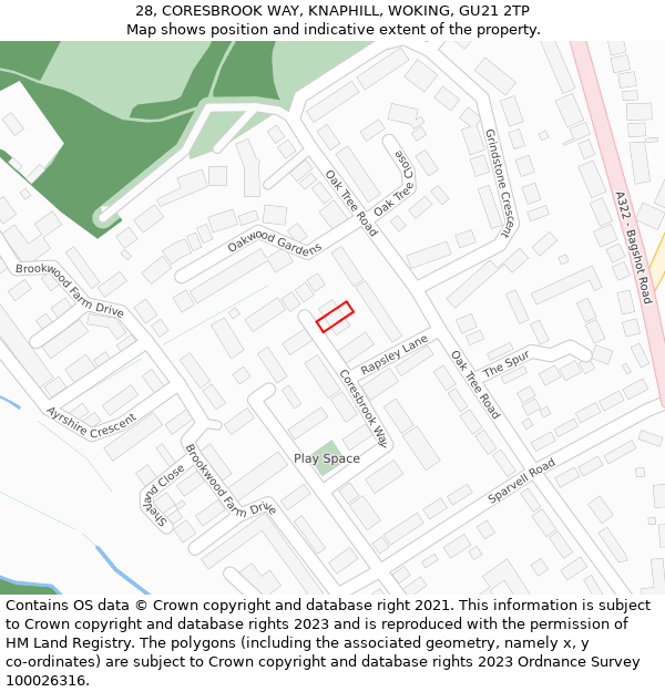 28, CORESBROOK WAY, KNAPHILL, WOKING, GU21 2TP: Location map and indicative extent of plot