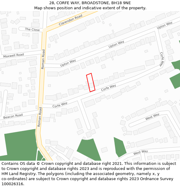 28, CORFE WAY, BROADSTONE, BH18 9NE: Location map and indicative extent of plot