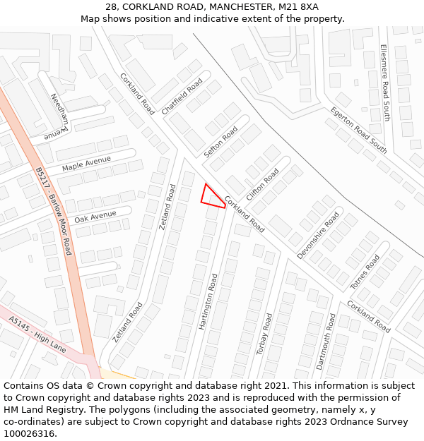 28, CORKLAND ROAD, MANCHESTER, M21 8XA: Location map and indicative extent of plot