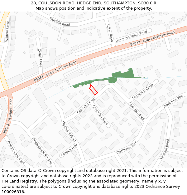 28, COULSDON ROAD, HEDGE END, SOUTHAMPTON, SO30 0JR: Location map and indicative extent of plot