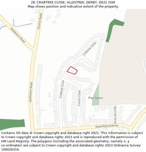 28, CRABTREE CLOSE, ALLESTREE, DERBY, DE22 2SW: Location map and indicative extent of plot