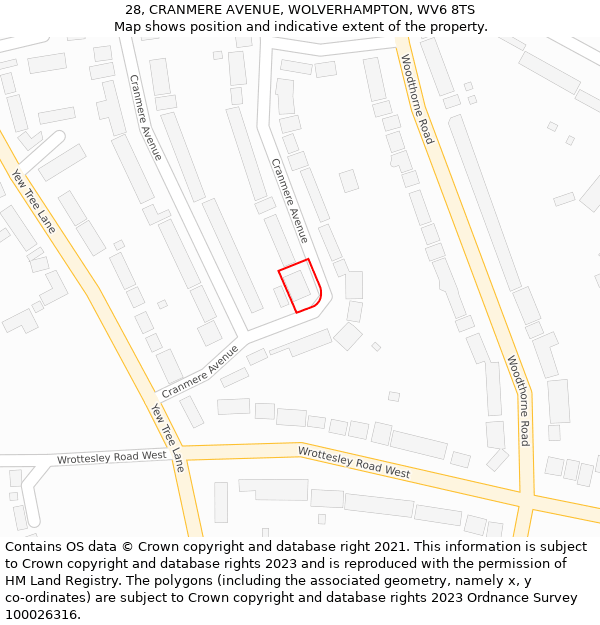 28, CRANMERE AVENUE, WOLVERHAMPTON, WV6 8TS: Location map and indicative extent of plot