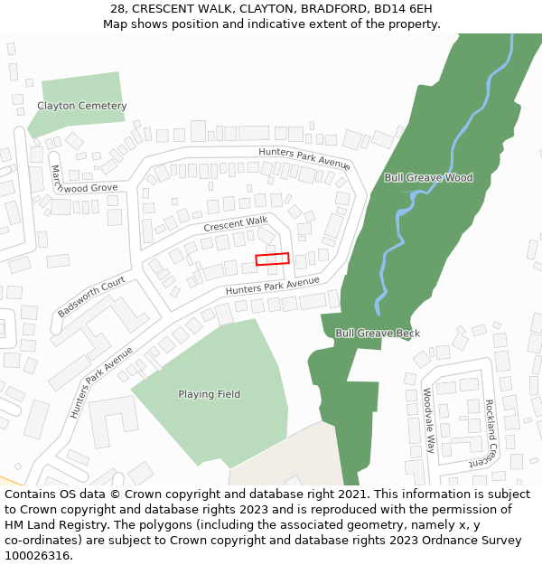 28, CRESCENT WALK, CLAYTON, BRADFORD, BD14 6EH: Location map and indicative extent of plot