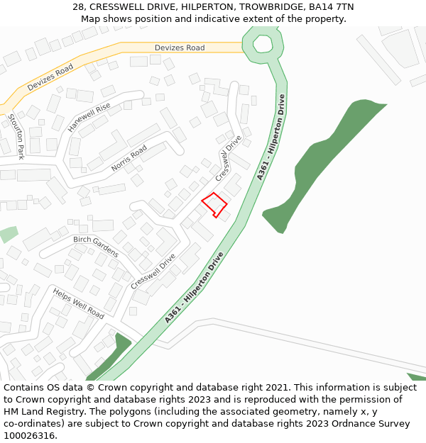 28, CRESSWELL DRIVE, HILPERTON, TROWBRIDGE, BA14 7TN: Location map and indicative extent of plot